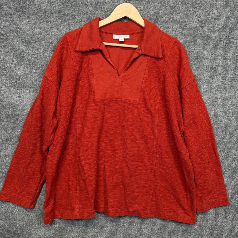 Purejill Sz XL Top Shirt Rusty Red Organic Cotton Textured Collared Long Sleeves